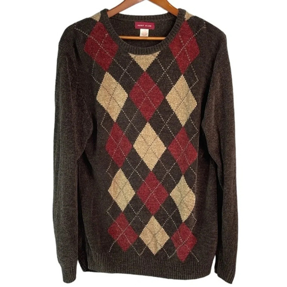 VINTAGE 90’s Mens Hunt Club Chenille Argyle V-Neck Sweater Brown Mix Preppy M - Picture 10 of 10